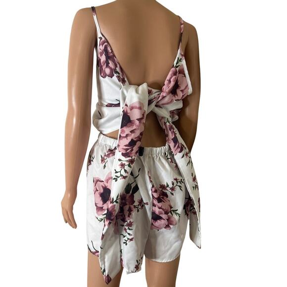 Floral romper white pink back self tie elastic waist lightweight SZ 1XL Summer - Picture 5 of 7
